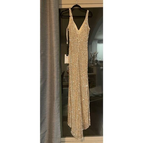 Mac Duggal 1068 Sequins V-Neck Side Slit Gown Evening Dress 0 XS Gold Sleeveless - Picture 8 of 11